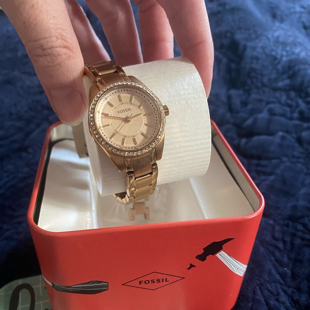 Rose gold fossil watch crystal bezel. tags, link and box included